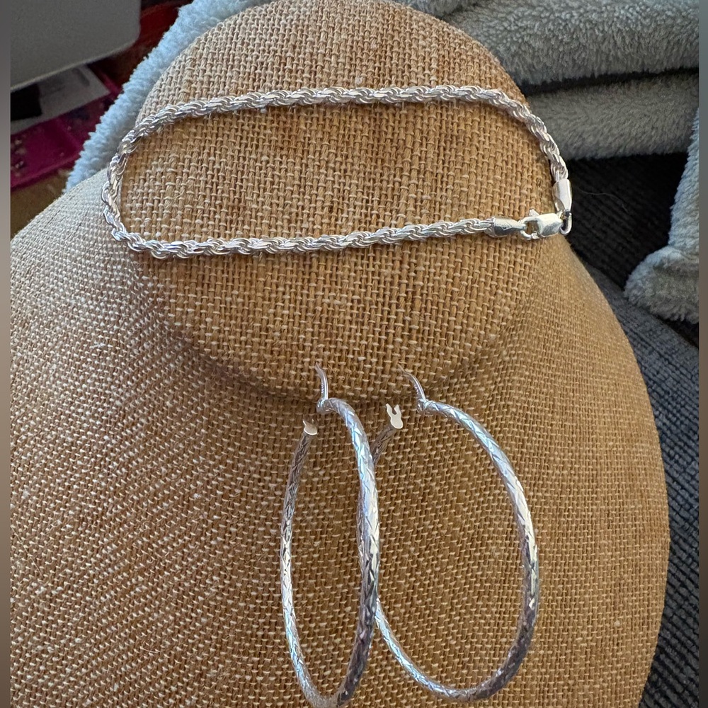 Solid Sterling Silver Rope Bracelet and Diamond Cut Sterling Hoops